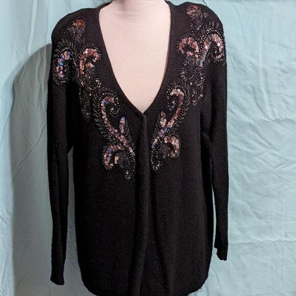 WORTHINGTON BLACK RHINESTONE/BEAD/SEQUIN ADORNED LONG SLEEVE SWEATER - 16T/18T - Picture 1 of 8